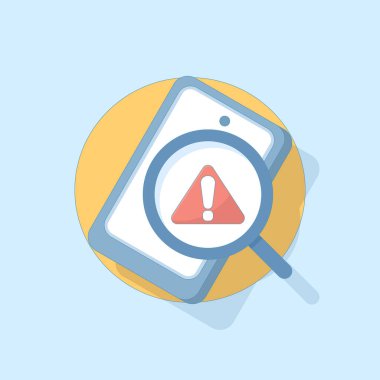 Mobil arama hatası konsepti. Üzerinde büyüteç ve ünlem işareti olan akıllı telefon ekranı, herhangi bir sonuç ya da arama sorunu olmadığını gösteriyor. Arkaplanda düz tasarım çizimi.