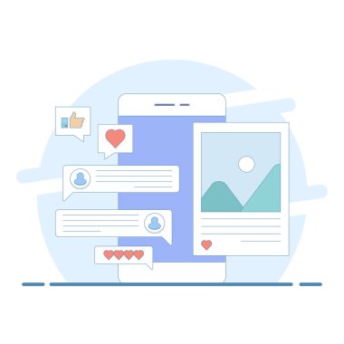 Sosyal medya kavramı, geribildirim, yorumlar, akıllı cihaz ekranı, sosyal medya pazarlaması, mobil uygulama, pankart, iş içeriği stratejisi, dijital pazarlama çevrimiçi bağlantı, düz illüstrasyon.