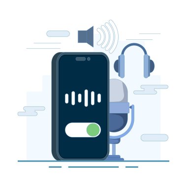 Ses kaydı giriş izni kavramı. Mikrofon ikonlu akıllı telefon. Uygulamalar, web siteleri veya ses kaydı, ses komutları, gizlilik ayarları ile ilgili sunumlar için. Düz Çizim.