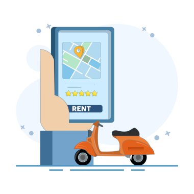 Bisiklet Kiralama Konsepti. Scooter 'la cep telefonu. Bisiklet kiralama yeri. Çevrimiçi bisiklet kiralama servisi. Bisiklet kiralama ya da paylaşma. Pankart, web, mobil uygulama, poster için düz tasarım çizimi.