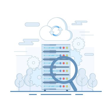 Büyük Veri Analizi Konsepti. Büyüteçli Veri Sunucusu. Sanal veritabanına sahip büyük veri analizi, dijital bilgi araştırması, yazılım ile veri işleme ve analizi, veri merkezi.