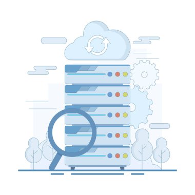 Büyük Veri Analizi Konsepti. Büyüteçli Veri Sunucusu. Sanal veritabanına sahip büyük veri analizi, dijital bilgi araştırması, yazılım ile veri işleme ve analizi, veri merkezi.