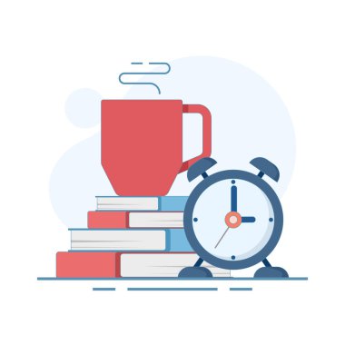 Mola zamanı, saat ve kahve kupası konsepti. Mola verme zamanı geldi. Rahatlamak için kahve içme zamanı. Sıkıntıdan uzak, uzun süreli stresten kurtulma zamanı. Düz Tasarım İllüstrasyonu.