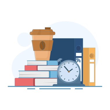 Mola zamanı, saat ve kahve kupası konsepti. Mola verme zamanı geldi. Rahatlamak için kahve içme zamanı. Sıkıntıdan uzak, uzun süreli stresten kurtulma zamanı. Düz Tasarım İllüstrasyonu.