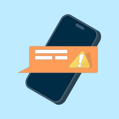 Sohbet baloncukları ve ünlem işaretli akıllı telefon ekranı, uyarı mesajları, olağandışı hesap aktiviteleri için güvenlik uyarıları. Arkaplanda düz tasarım çizimi.