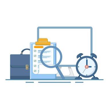 Çalışma Saatleri Konsepti. Saat, Pano ve Çantalı Laptop. Zaman yönetimi, iş teslim tarihleri ya da çalışma zamanı planlaması. İş konsepti. Arkaplanda düz tasarım çizimi.