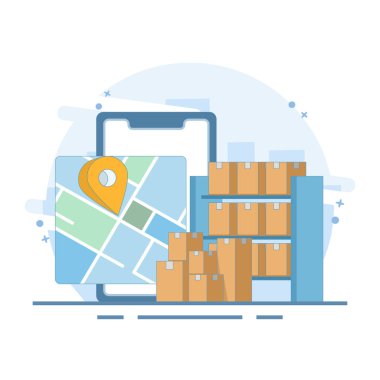 Çevrimiçi Mobil Lojistik Kargo Servis Konsepti. Cihaz üzerinden teslimat hizmeti, paket depo teslimatı için şehir haritası uygulaması, mal takibi, arka planda düz tasarım illüstrasyon.
