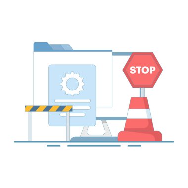 Sistem Bakım Konsepti, sistem güncelleme süreci olan dizüstü bilgisayar, yazılım güncelleme düz vektör illüstrasyonu, güncelleme süreci, yazılım kurulumu, işletim sistemi. düz tasarım illüstrasyon.