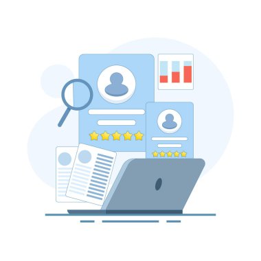 Çalışan ya da işçi alımı konsepti. İnsanları çalıştırmak. İş adaylarını analiz ediyor ve seçiyor. iş başvuruları hakkında bilgi almak. düz biçim tasarım çizimi.