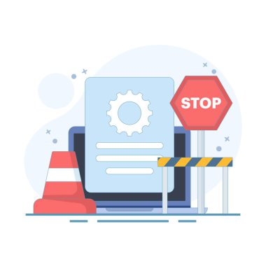 Sistem Bakım Konsepti, sistem güncelleme süreci olan dizüstü bilgisayar, yazılım güncelleme düz vektör illüstrasyonu, güncelleme süreci, yazılım kurulumu, işletim sistemi. düz tasarım illüstrasyon.