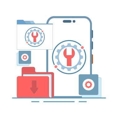 Sistem bakım kavramı, hatalar, düzeltme problemleri, aygıt güncellemeleri, bakım altındaki yazılım sistemleri, aygıt güncelleme süreci, işletim sistemleri güncelleniyor. Düz Çizim.