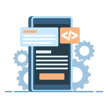Mobil uygulamalar inşa etme kavramı, akıllı telefon etrafında geliştirici ve programcıların işbirliği. El bilgisayarı mobil uygulama geliştirme. Arkaplanda düz stil tasarım çizimi.