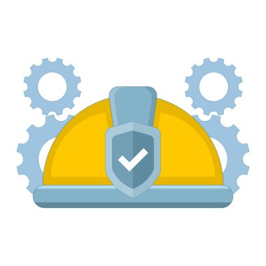 Teknik koruma ve güvenlik kavramı. İş Güvenliği ve Sağlık. Mühendislik ve endü. Sarı kasklı, kalkanlı ve teçhizatlı. Arkaplanda düz tasarım çizimi.