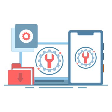 Sistem bakım kavramı, hatalar, düzeltme problemleri, aygıt güncellemeleri, bakım altındaki yazılım sistemleri, aygıt güncelleme süreci, işletim sistemleri güncelleniyor. Düz Çizim.