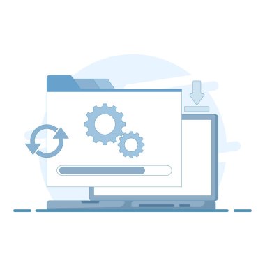 Sistem güncelleme kavramı, bilgisayar ekranı vitesli, çubuk yükleme ve yazılım kurulum sürecini gösteren simge indirme, ya da dosya indirme. Teknoloji, yazılım ve bilişim için uygun.