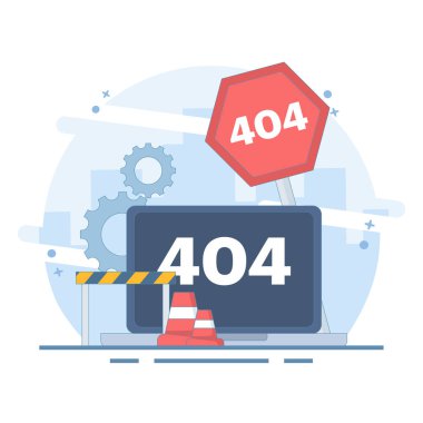 404 hata sayfası kavramı, sayfa bulunamadı, iniş sayfası mevcut değil. Sistem hatası, sorun sitesi, kırık sayfa. Arkaplanda düz tasarım çizimi.