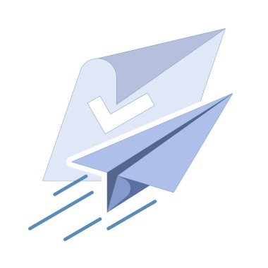 Üzerinde işaret ve kağıt uçak olan bir kağıt parçası. Verilerin, belgelerin ya da dosyaların başarılı bir teslimatı. Mobil uygulamalar, sunumlar veya herhangi bir dijital görsel iletişim için. Düz Çizim.