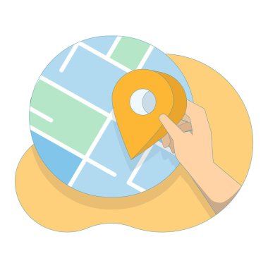 Konum kodlu harita konsepti, adres ekle veya mobil uygulamadan konumu ayarla. UI tasarımı, navigasyon uygulaması, GPS servisi ve e-ticaret platformu için. Düz tasarım çizimi.