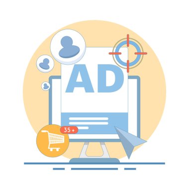 Dijital reklam doğruluğu kavramı. Klik başına öde. Satışları maksimuma çıkarmak ve pazarlama performansını artırmak için kusursuz reklam hedeflemesi. İş ve pazarlama stratejileri için ideal. Tasarım illüstrasyonu.