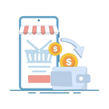 Nakit Servis Konsepti. Cüzdanı ve parası olan bir cep telefonu. Ya parayı geri ver ya da akıllı telefonla geri ver. Tasarruf. Para iadesi, mali tasarruf. Sadakat programı. Çizim Tasarımı.