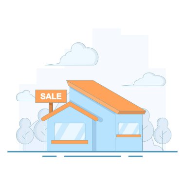 Emlak satışı konsepti. Ağaçlar ve doğal yeşilliklerle çevrili satılık tabelası olan bir ev. Emlak reklamı, banliyö emlak listesi, çevre dostu konut tanıtımı. Düz Çizim.