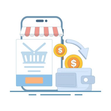 Nakit Servis Konsepti. Cüzdanı ve parası olan bir cep telefonu. Ya parayı geri ver ya da akıllı telefonla geri ver. Tasarruf. Para iadesi, mali tasarruf. Sadakat programı. Çizim Tasarımı.