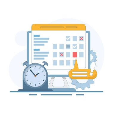 Planlanmış Randevu Zamanı Konsepti. Saat ile takvim. Aktivite planlayıcısı ve programı. Organize zaman yönetimini vurgulayan ek planlayıcı. Arkaplanda Düz Tasarım Çizimi.