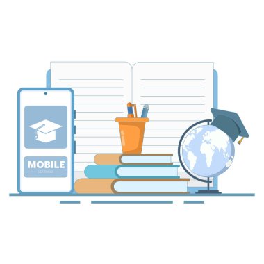 Çevrimiçi eğitim konsepti, akıllı telefonlu açık kitap, dünya haritalı web sitesi, çevrimiçi iş eğitimi, e-öğrenme konsepti, dijital pazarlama. İzole edilmiş arkaplanda düz çizgi film tasarımı çizimi.