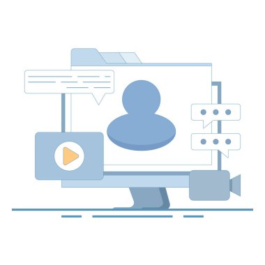 Çevrimiçi yayın yapan multimedya oyuncusu uygulama eğitim kursu konsepti. E-öğrenme platformu. Uzaktan öğrenme, video kursları, internet dersleri. Modern düz çizgi film stili tasarım çizimi.