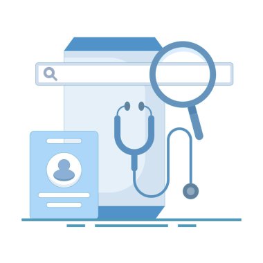 Doktor konseptini bul. Akıllı telefondan doktor profili olan büyüteç. İnternette doktor ya da tıbbi tavsiye aranıyor. Düz biçimde izole edilmiş beyaz arkaplan