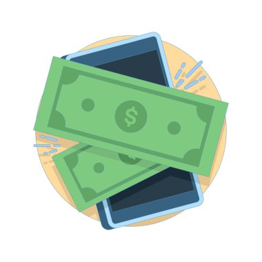 E-cüzdan konsepti, dijital para eklenmiş akıllı telefon ekranı, başarılı bir yenileme. Mobil ödemeler, finansal işlemler, online bankacılık ve finansal teknoloji. Düz tasarım çizimi.