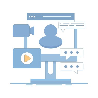 Çevrimiçi yayın yapan multimedya oyuncusu uygulama eğitim kursu konsepti. E-öğrenme platformu. Uzaktan öğrenme, video kursları, internet dersleri. Modern düz çizgi film stili tasarım çizimi.