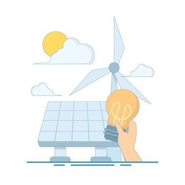 Yenilenebilir Enerji Konsepti. Elinde yeşil yaprak ampulü ile rüzgar enerjisi kampanyasını geri dönüştürüyor. Web sitesi iniş sayfası şablonu afişi için. Düz biçimli illüstrasyon