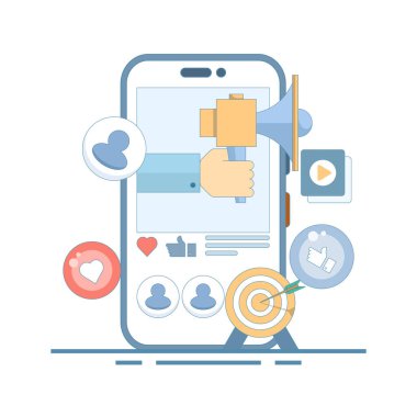 Dijital Pazarlama Konsepti. El bilgisayarı Megafon ve Tepki Veren Cep Telefonu. Çevrimiçi reklam ve tanıtım kampanyaları mobil uygulamalarda, reklam içerikleri sosyal ağlarda. Düz Tasarım.