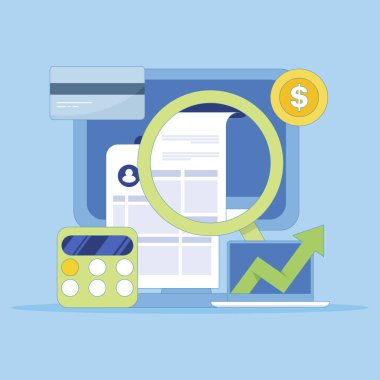 Çevrimiçi muhasebe yazılımı konsepti, Dijital muhasebe, Varlık Yönetimi, Vergi hesapları, Finansal büyüme, Bankacılık raporları. Simgelerle vektör illüstrasyon arkaplanı