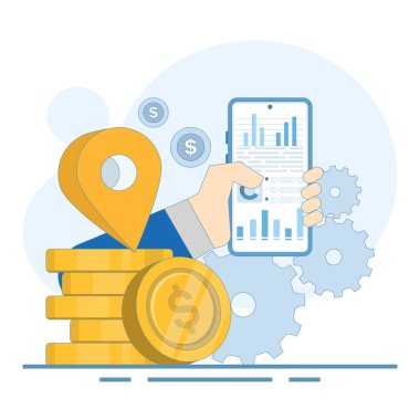 Dijital Pazarlama Veri Kavramı. Veri Grafiği ve Bozukluklu Cep Telefonu. Dijital pazarlama. Reklam işi geliştirme stratejisi. Sosyal medya analizi. Düz çizgi film tasarımı illüstrasyonu.