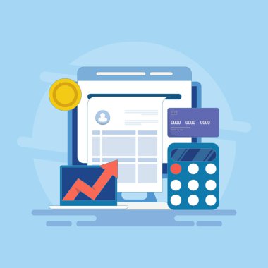 Çevrimiçi muhasebe yazılımı konsepti, Dijital muhasebe, Varlık Yönetimi, Vergi hesapları, Finansal büyüme, Bankacılık raporları. Simgelerle vektör illüstrasyon arkaplanı