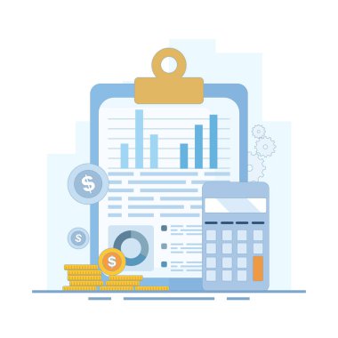 Mali Rapor Konsepti. Kâr, kayıp raporu ve hesap makinesi olan bir pano. Rapor analizi, bütçe planlaması, muhasebe işlemleri, gelir istatistikleri. Düz Tasarım İllüstrasyonu.