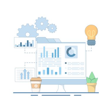Dijital Pazarlama Konsepti. İş Grafik Raporu Analizi. Mali denetim araştırması. Dijital rapor analizi ya da analizi. Piyasa satış denetim istatistikleri. Düz Tasarım İllüstrasyonu