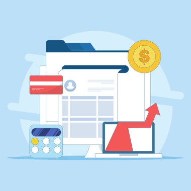 Çevrimiçi muhasebe yazılımı konsepti, Dijital muhasebe, Varlık Yönetimi, Vergi hesapları, Finansal büyüme, Bankacılık raporları. Simgelerle vektör illüstrasyon arkaplanı