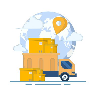 Küresel Nakliye Konsepti. Dünya çapında ihracat bağlantıları. Konum Simgeleri ve Nakliye Kamyonları ile Dünya. Uluslararası dağıtım ve küresel nakliye hizmetleri. Vektör İllüstrasyon Tasarımı.