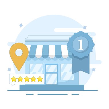 En çok izlenen kavram. Yerel işletmeler, yüksek reytingler ve iyi müşteri değerlendirmeleri. Çevrimiçi itibarı, güveni ve dijital bağlantıyı güçlendirmek. Arkaplanda düz tasarım çizimi.