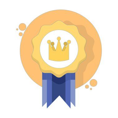 Rozet konsepti. Taçlı ve kurdeleli kazanan madalya. Premium Rozet. Vektör Çizim Tasarımı. Minimalist çizgi film tarzı. Kaliteli kalite, kalite güvencesi sembolü.