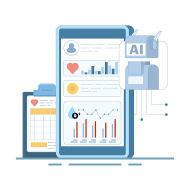 Akıllı saat ve sağlık takip cihazı konsepti. Yapay zeka temelli tanı. Algoritmalar sağlık verilerini analiz ediyor. Sağlık hizmetlerinde tıbbi öngörüler. Arkaplanda düz tasarım vektör çizimi.