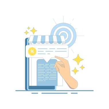 Yerel iş e-ticaret pazarlama konsepti, seyirci hedefleme ve satış reklamları. Müşteri ilişkileri ile kişisel indirimli satış stratejisi. Düz Çizim