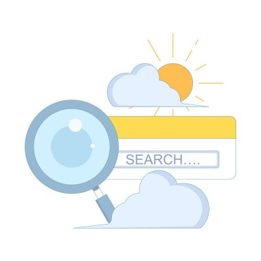 SEO büyüteç arama simgesi, optik arama. Arama sekmesi. Araştırma büyüteci için UI UX arayüzü. SEO analitik arama tarayıcısı. Objeleri büyütmek için mercekler. Arkaplanda düz tasarım çizimi.