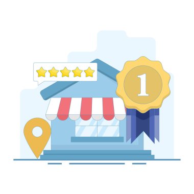 En çok izlenen kavram. Yerel işletmeler, yüksek reytingler ve iyi müşteri değerlendirmeleri. Çevrimiçi itibarı, güveni ve dijital bağlantıyı güçlendirmek. Arkaplanda düz tasarım çizimi.