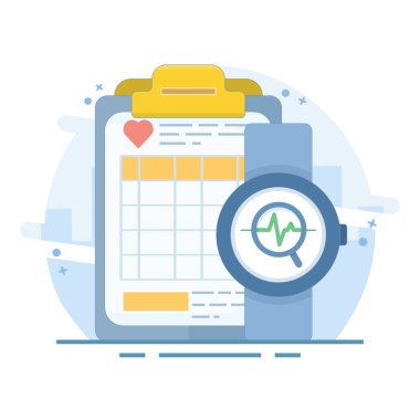 Sağlık Teknolojisi Konsepti. Giyilebilir cihazlar, tanı ile kişiselleştirme, teletıp tedavi sırasında hastalara ulaşılabilirliği artırır. Arkaplanda düz tasarım vektör çizimi.