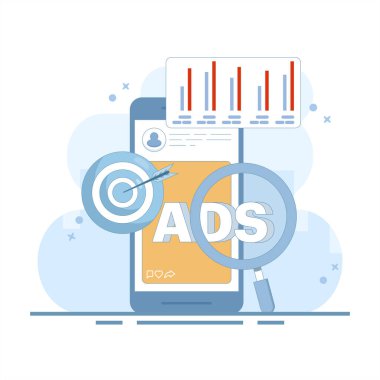 Mobil reklam stratejisi kavramı. Yerel reklamlar ve mobil cihazlar için programlı hedefleme. Reklam kampanyası. optimize mobil reklamcılık. Arkaplanda düz tasarım çizimi.