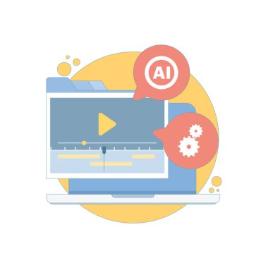Otomatik Yapay Zeka video düzenleyici konsepti. Çekimleri, sosyal medya yayıncılığını ve yapay zeka ile çalışan video pazarlama otomasyonunu kesmek için klips makinesi. Akıllı kurgu arayüzü ve zaman çizelgesi. Tasarım vektörü illüstrasyonu.